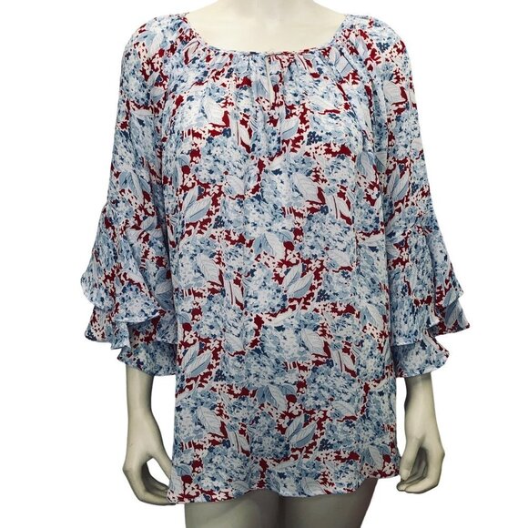 Chaps Women's Tiered Ruffle Sheer Peasant Spring Floral Blouse sz LG - Picture 2 of 5